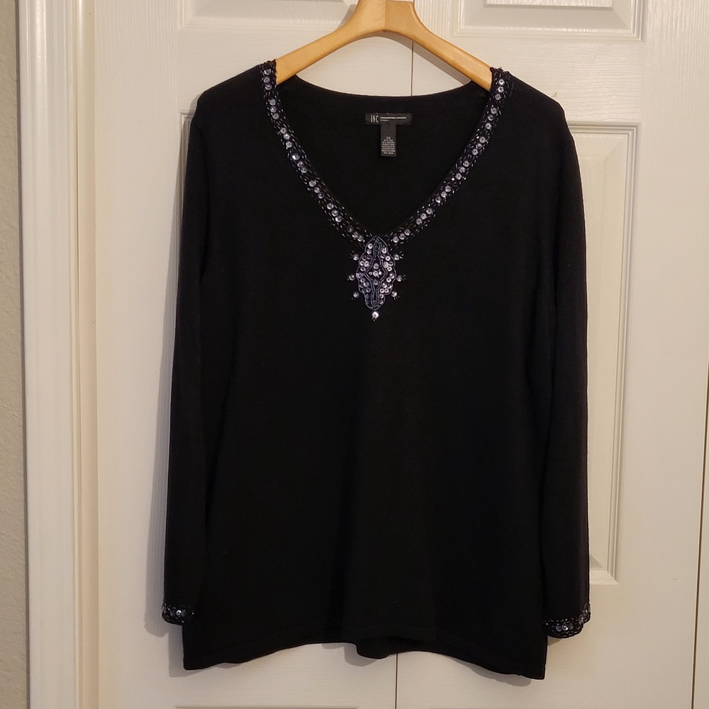 INC International Concepts Black Beaded Long Sleeve Top